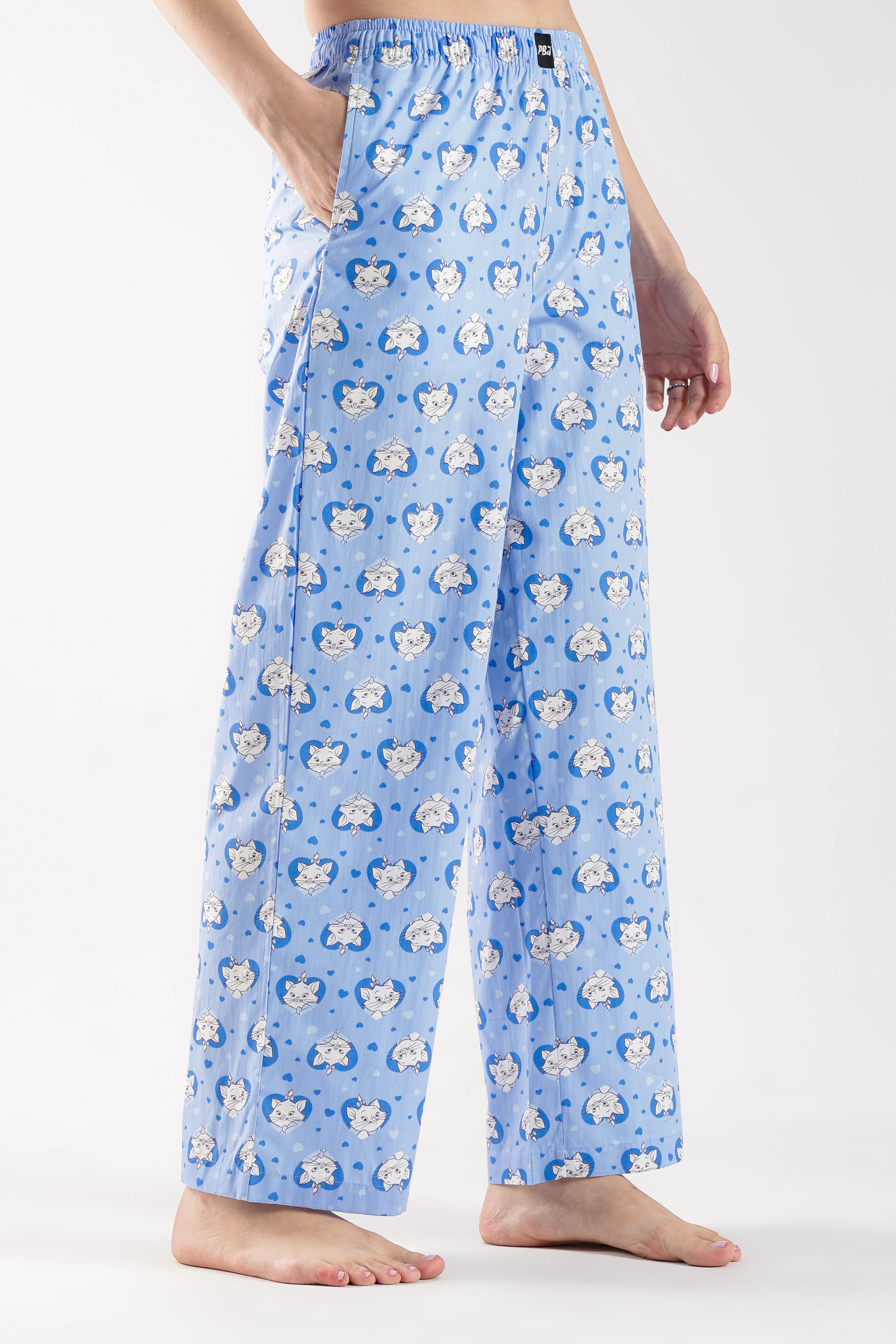 Women's Blue All-Over Cat Print Wide Leg Pyjamas