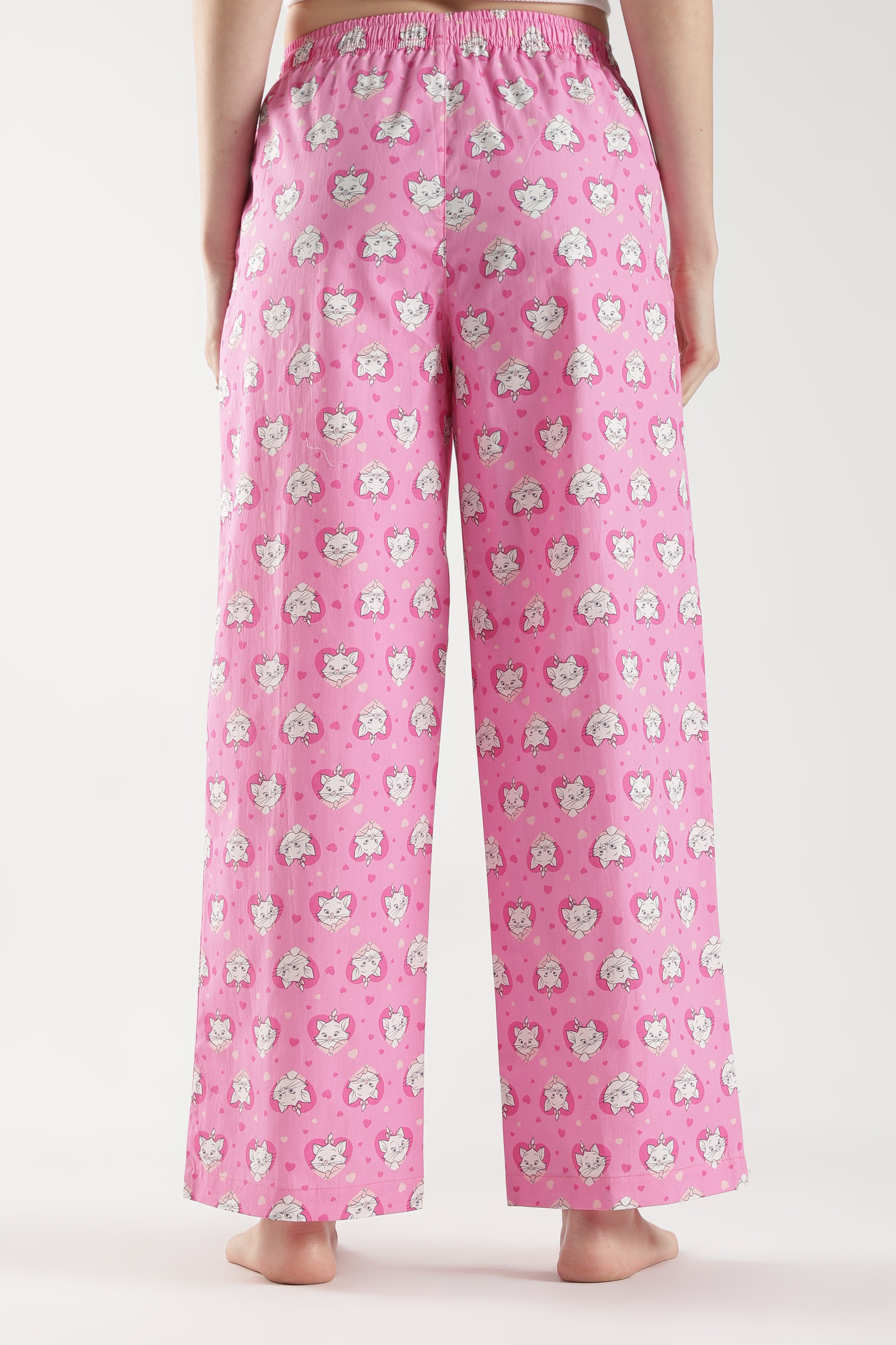 Women's Pink All-Over Cat Print Wide Leg Pyjamas