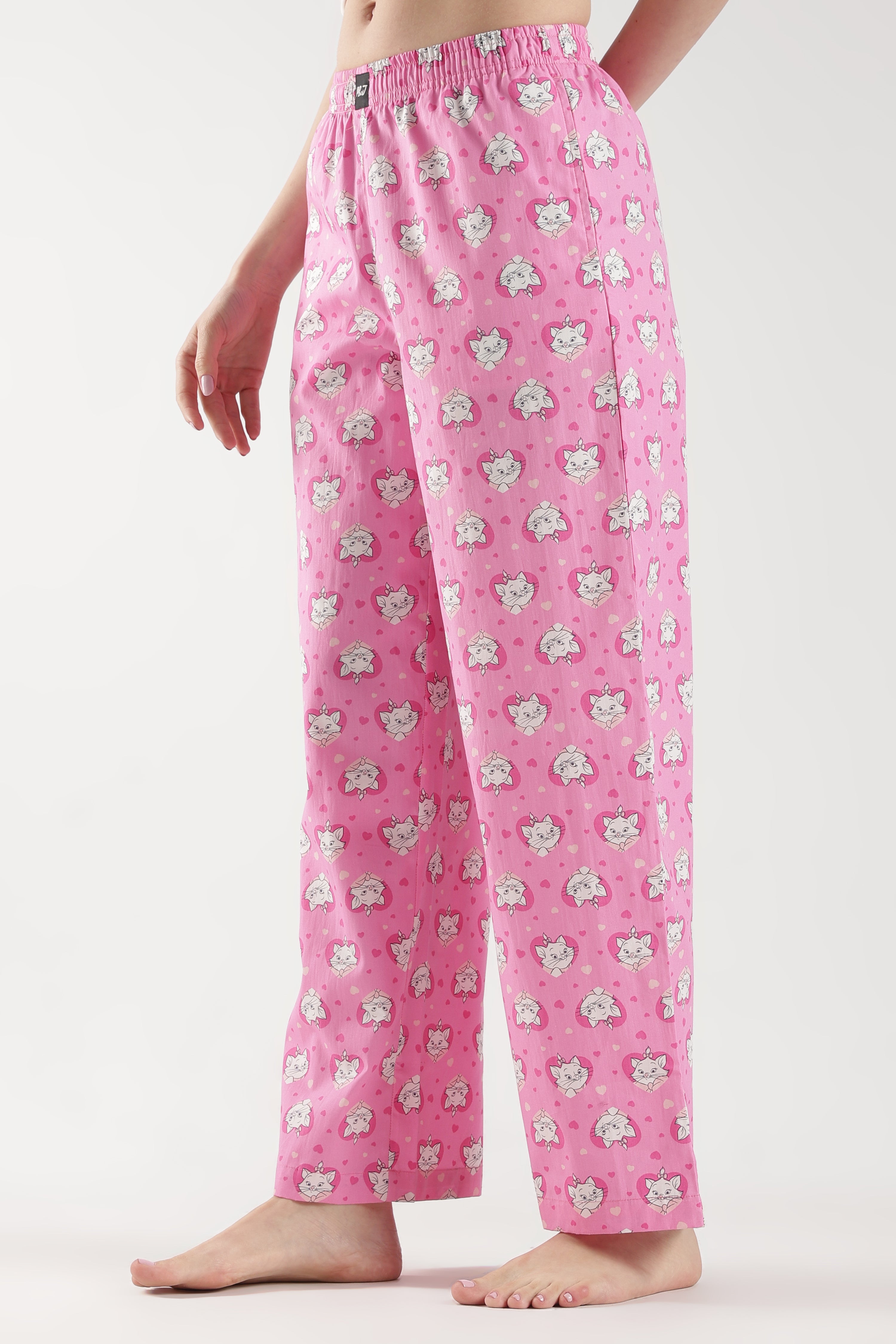 Women's Pink All-Over Cat Print Wide Leg Pyjamas