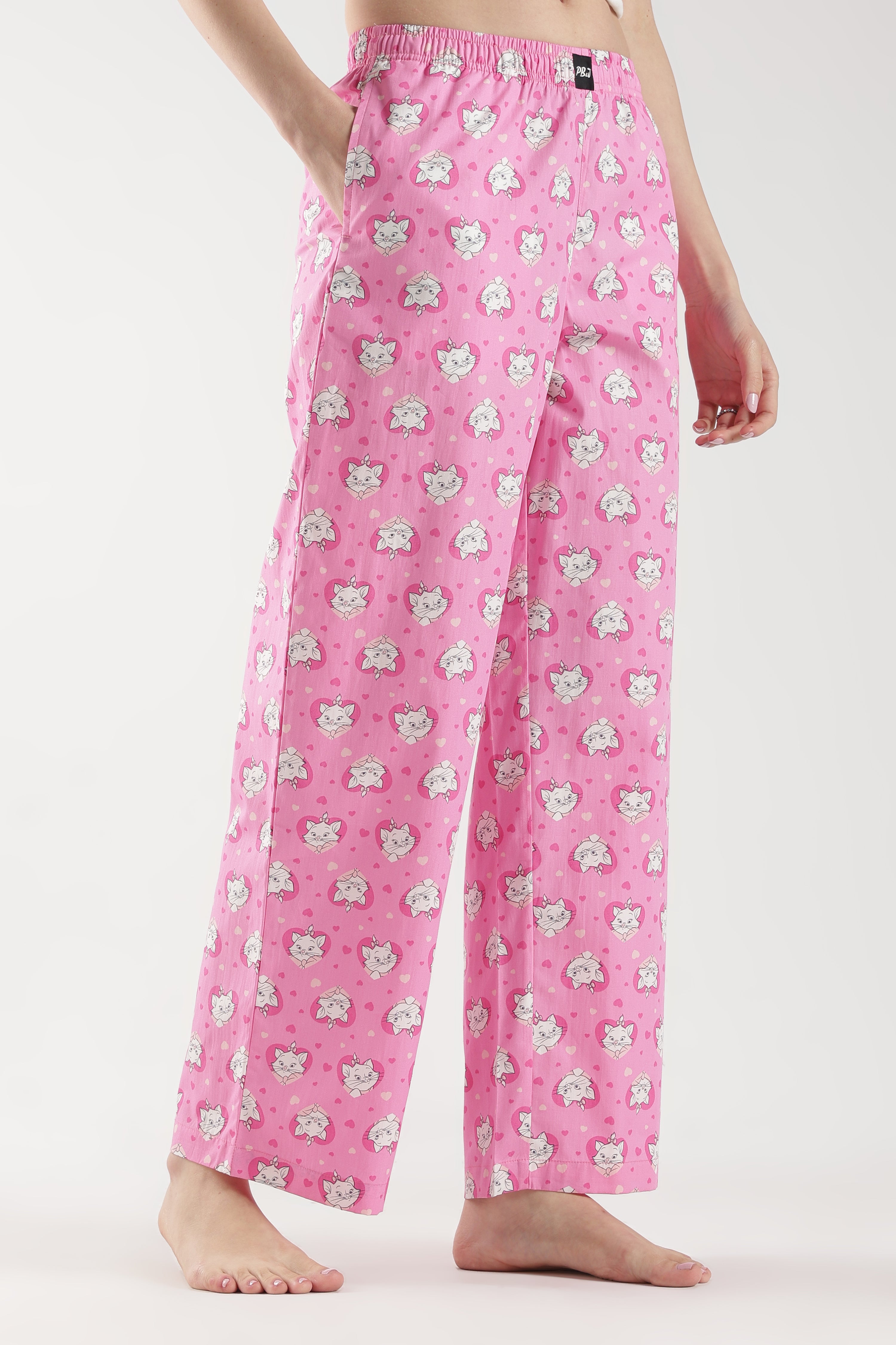 Women's Pink All-Over Cat Print Wide Leg Pyjamas
