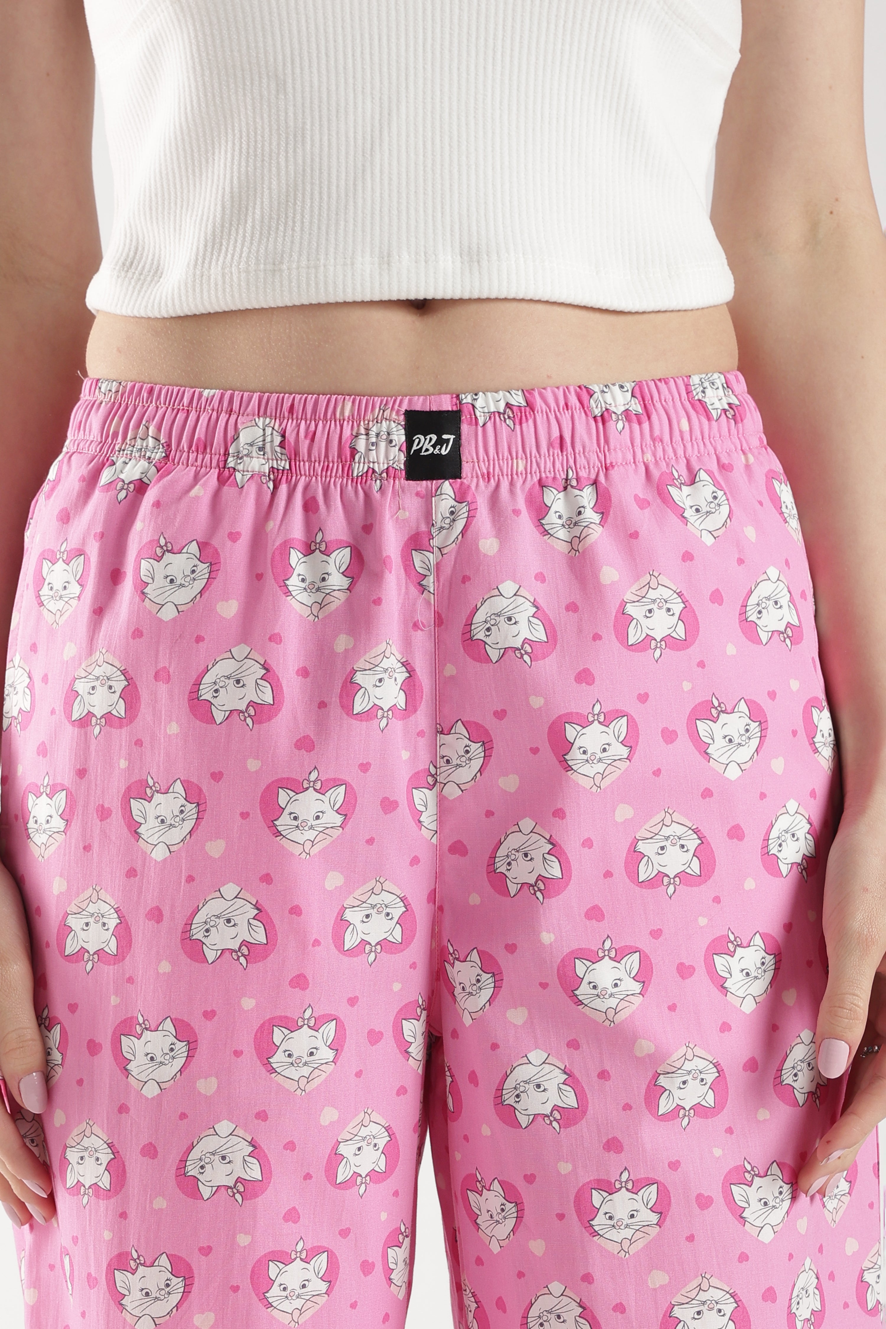 Women's Pink All-Over Cat Print Wide Leg Pyjamas