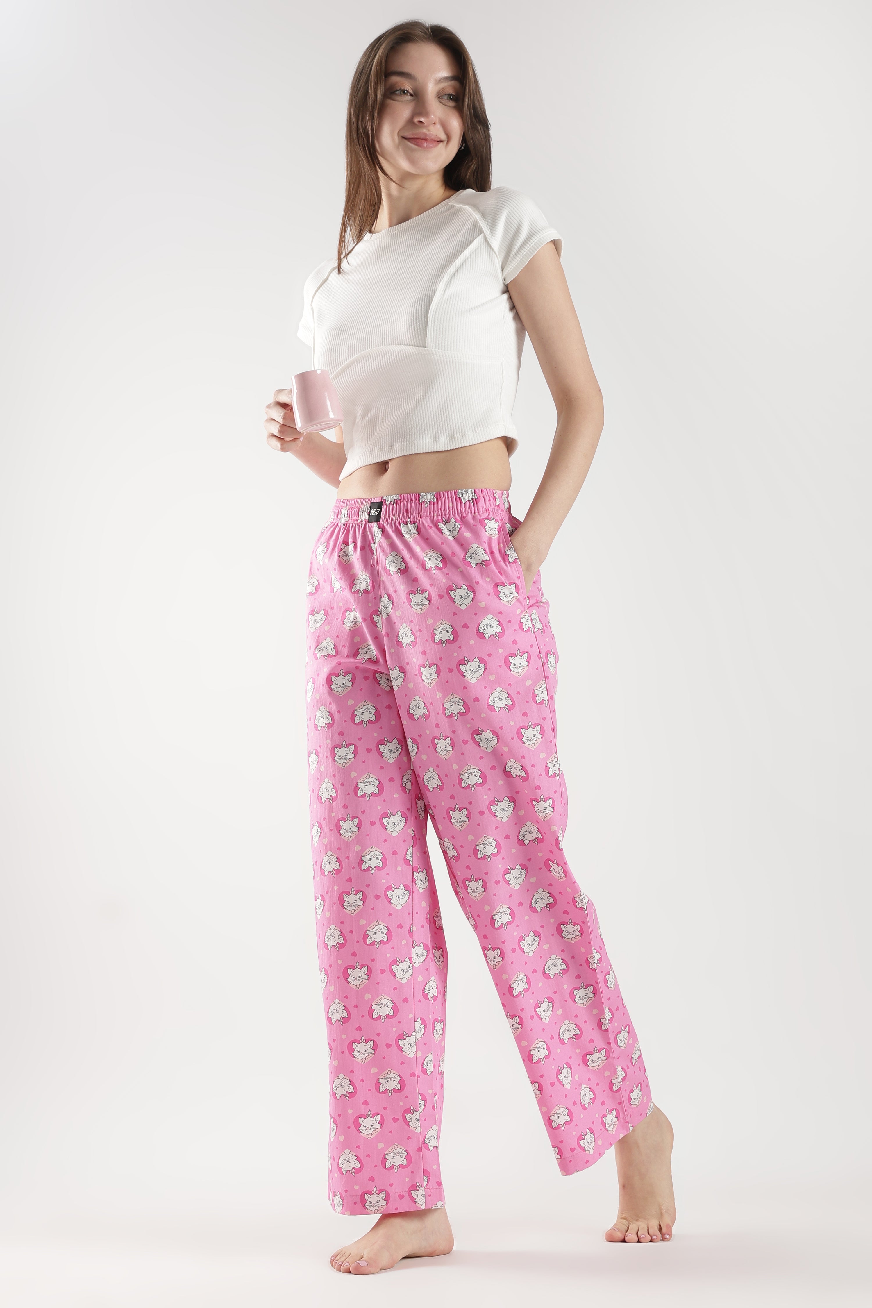 Women's Pink All-Over Cat Print Wide Leg Pyjamas