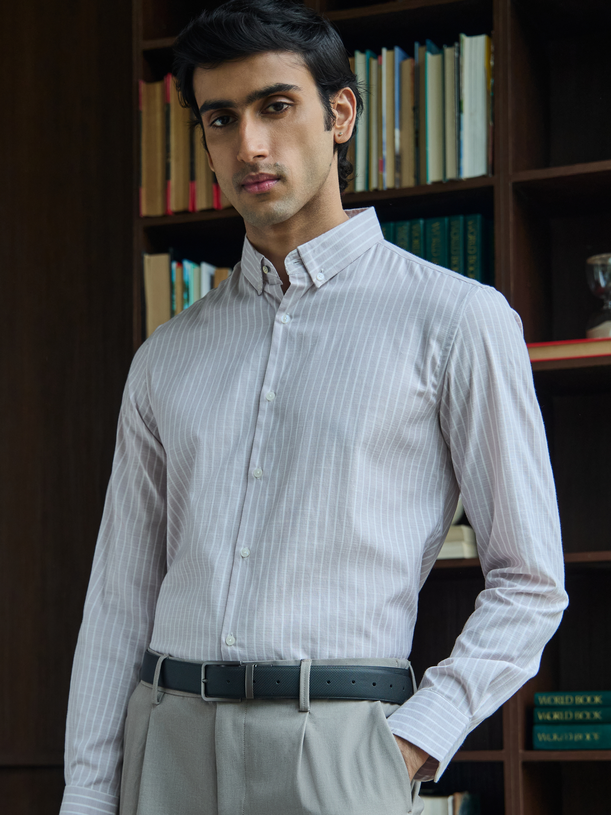Evor-Lavender Regular Fit Striped Linen Shirt