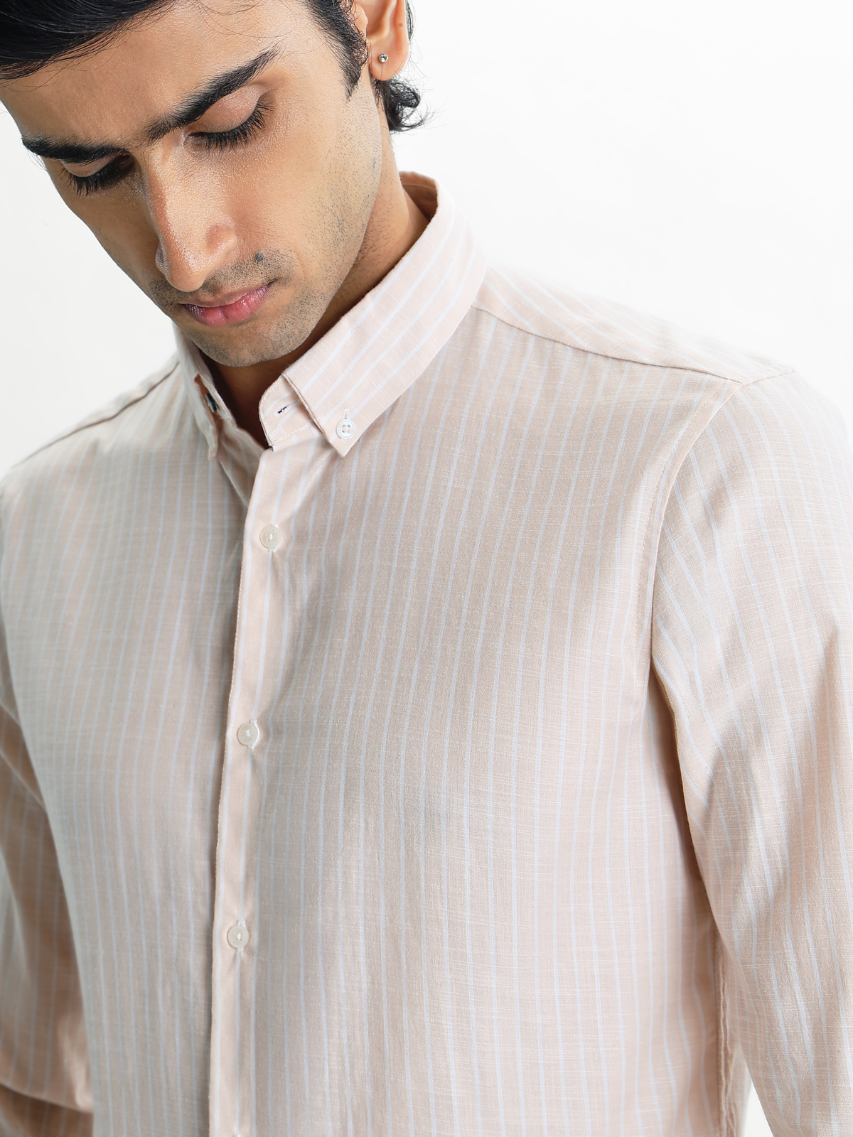 Evor- Peach Regular Fit Striped Linen Shirt
