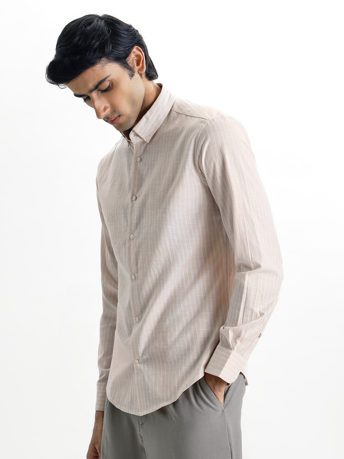 Evor- Peach Regular Fit Striped Linen Shirt