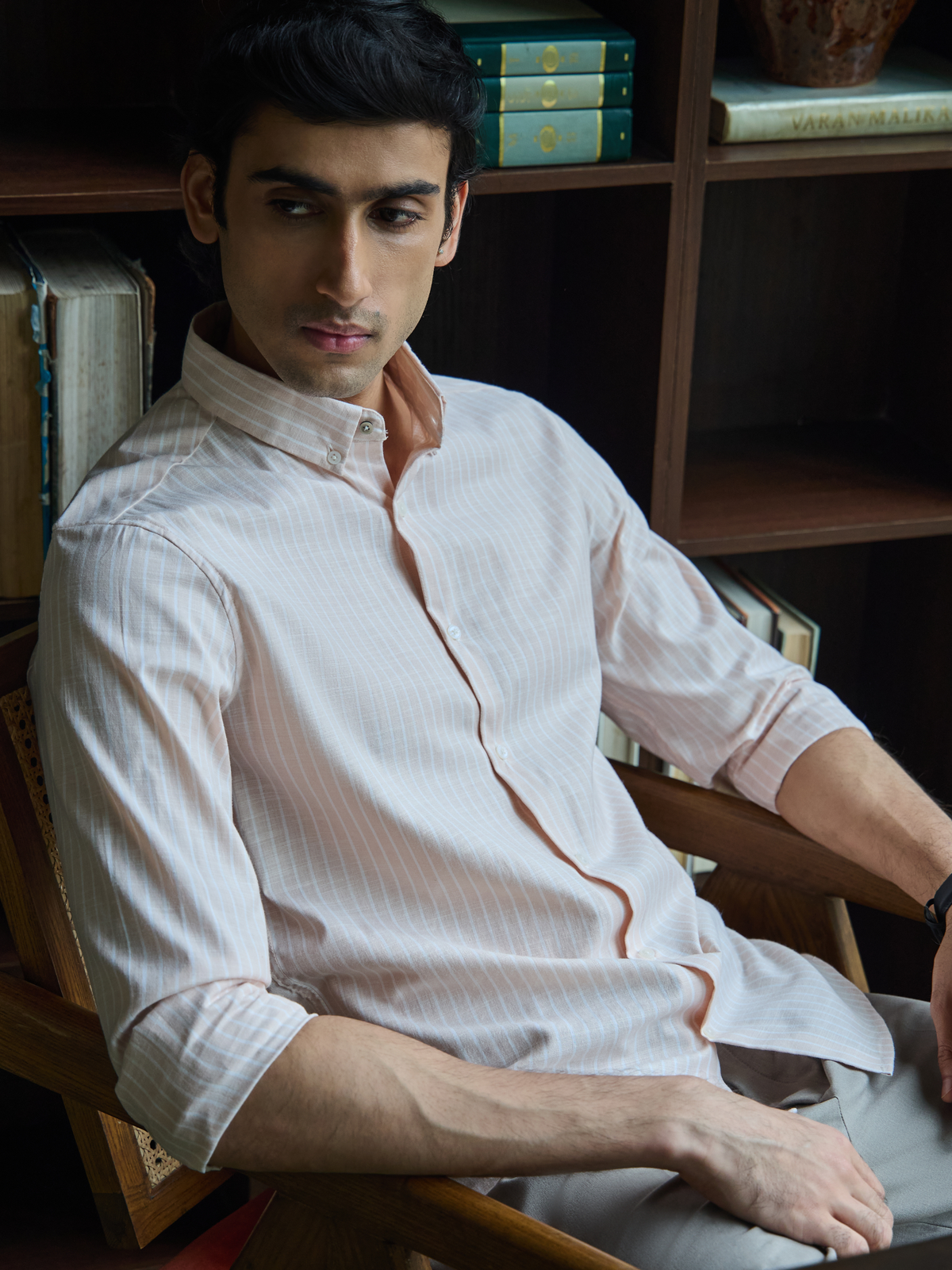 Evor- Peach Regular Fit Striped Linen Shirt
