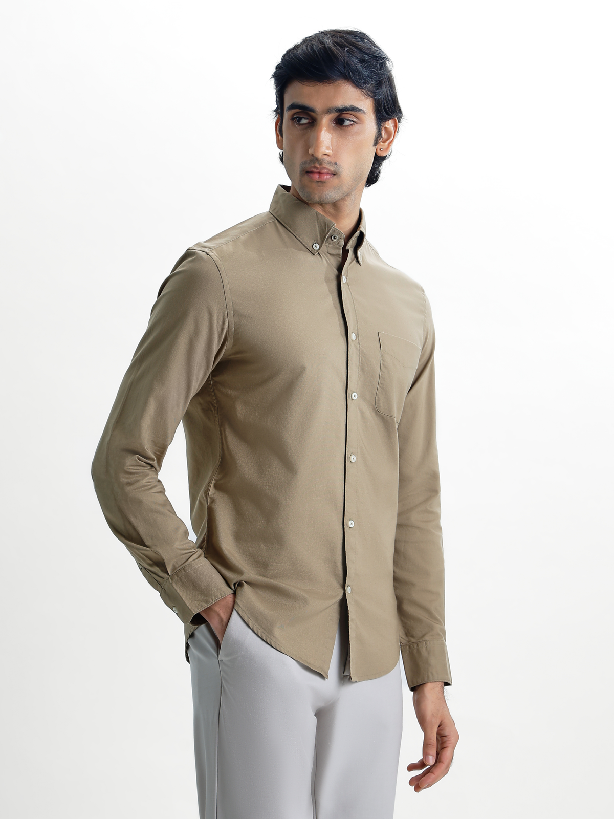 AUXOR- Beige Regular Fit Oxford Cotton Shirt