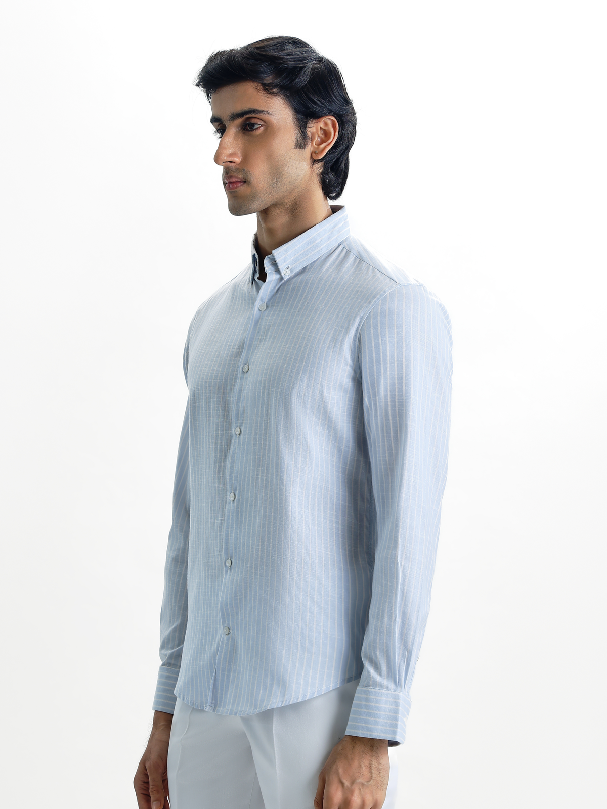 Evor- Light Blue Regular Fit Striped Linen Shirt
