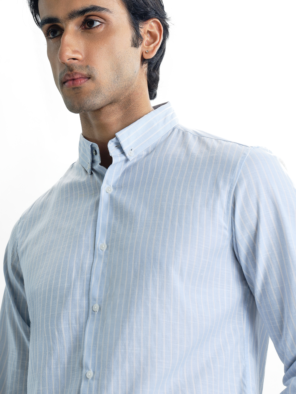 Evor- Light Blue Regular Fit Striped Linen Shirt