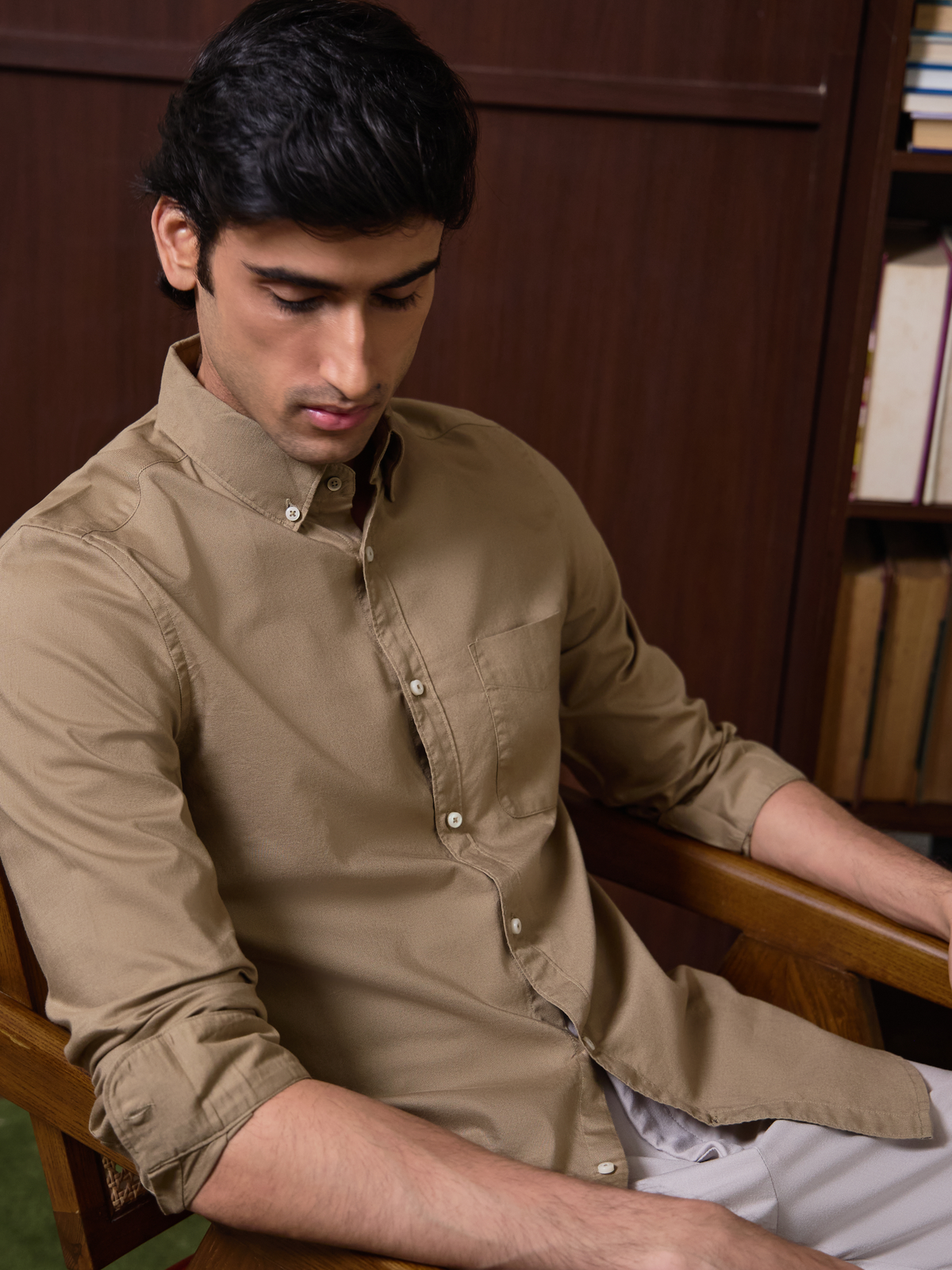 AUXOR- Beige Regular Fit Oxford Cotton Shirt