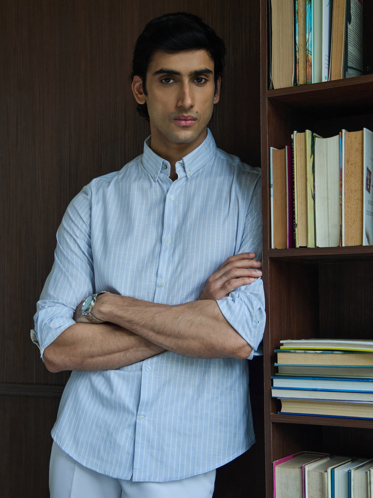 Evor- Light Blue Regular Fit Striped Linen Shirt