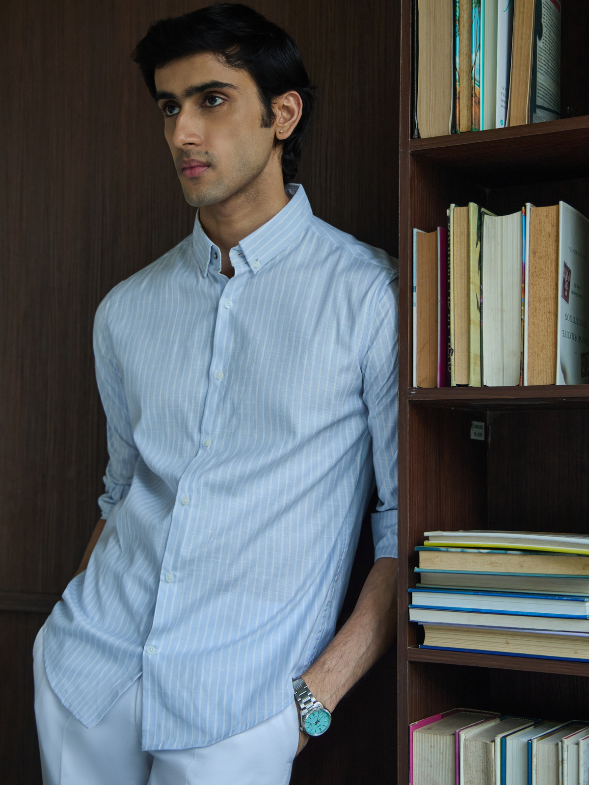 Evor- Light Blue Regular Fit Striped Linen Shirt