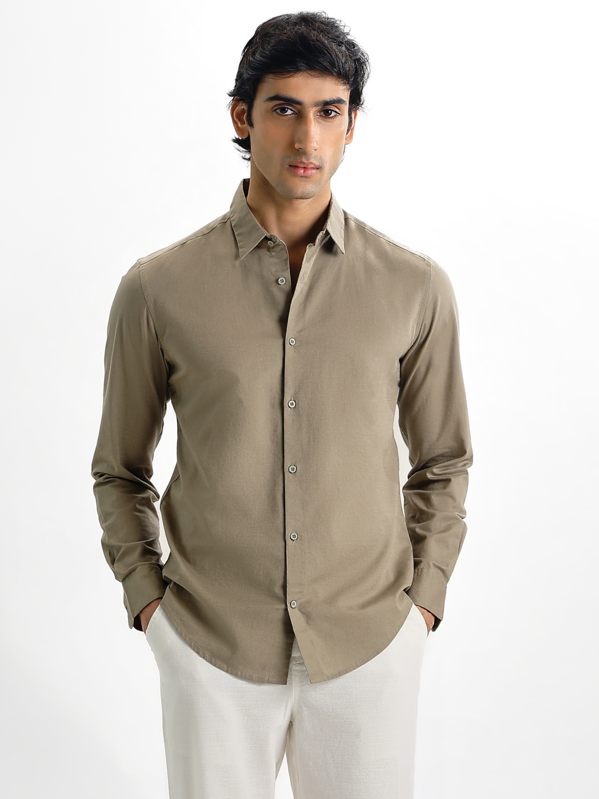 Arlo- Beige Regular Fit Solid Linen Shirt