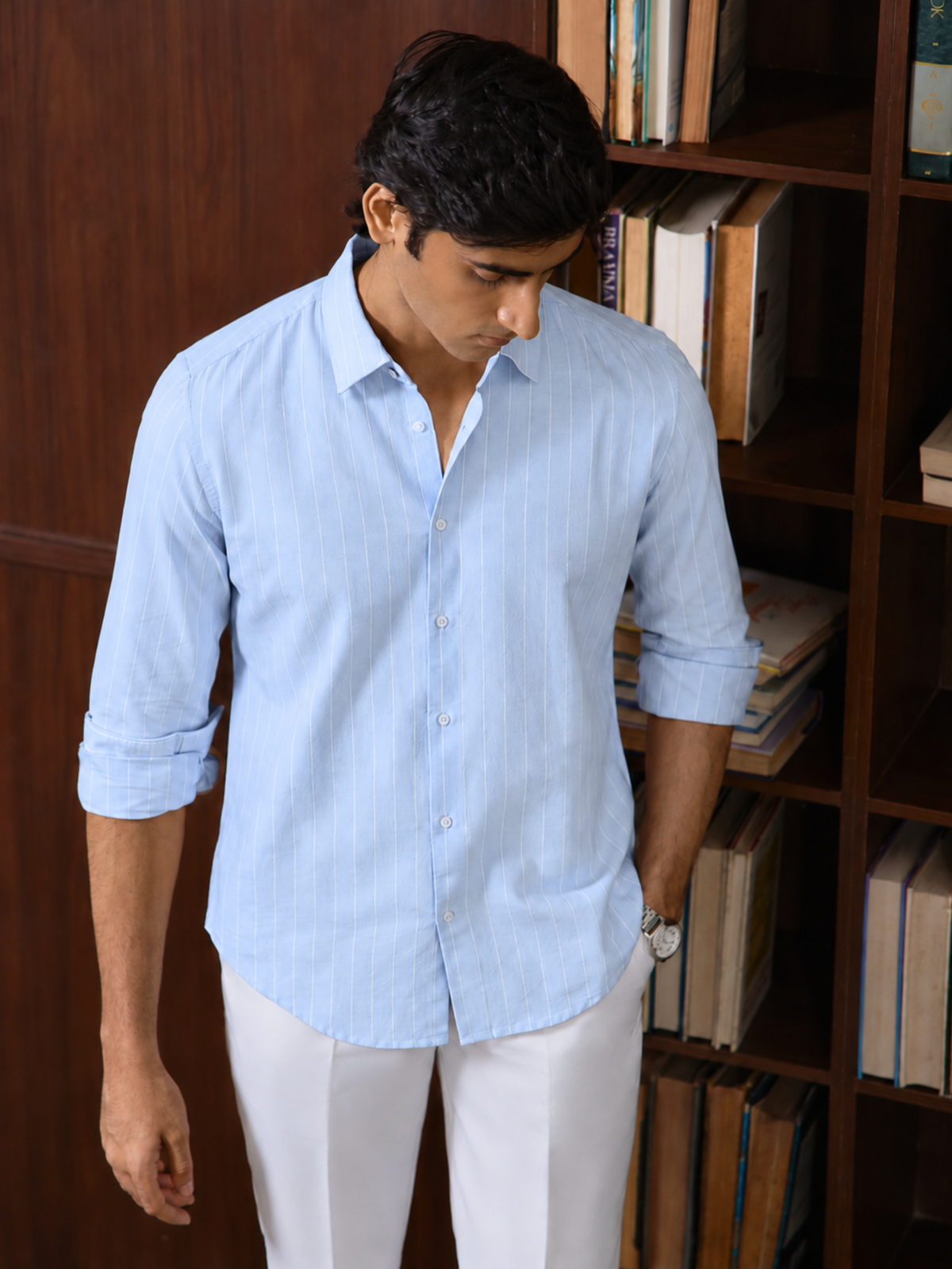 LEONARD- Blue Striped Regular Fit Cotton Shirt