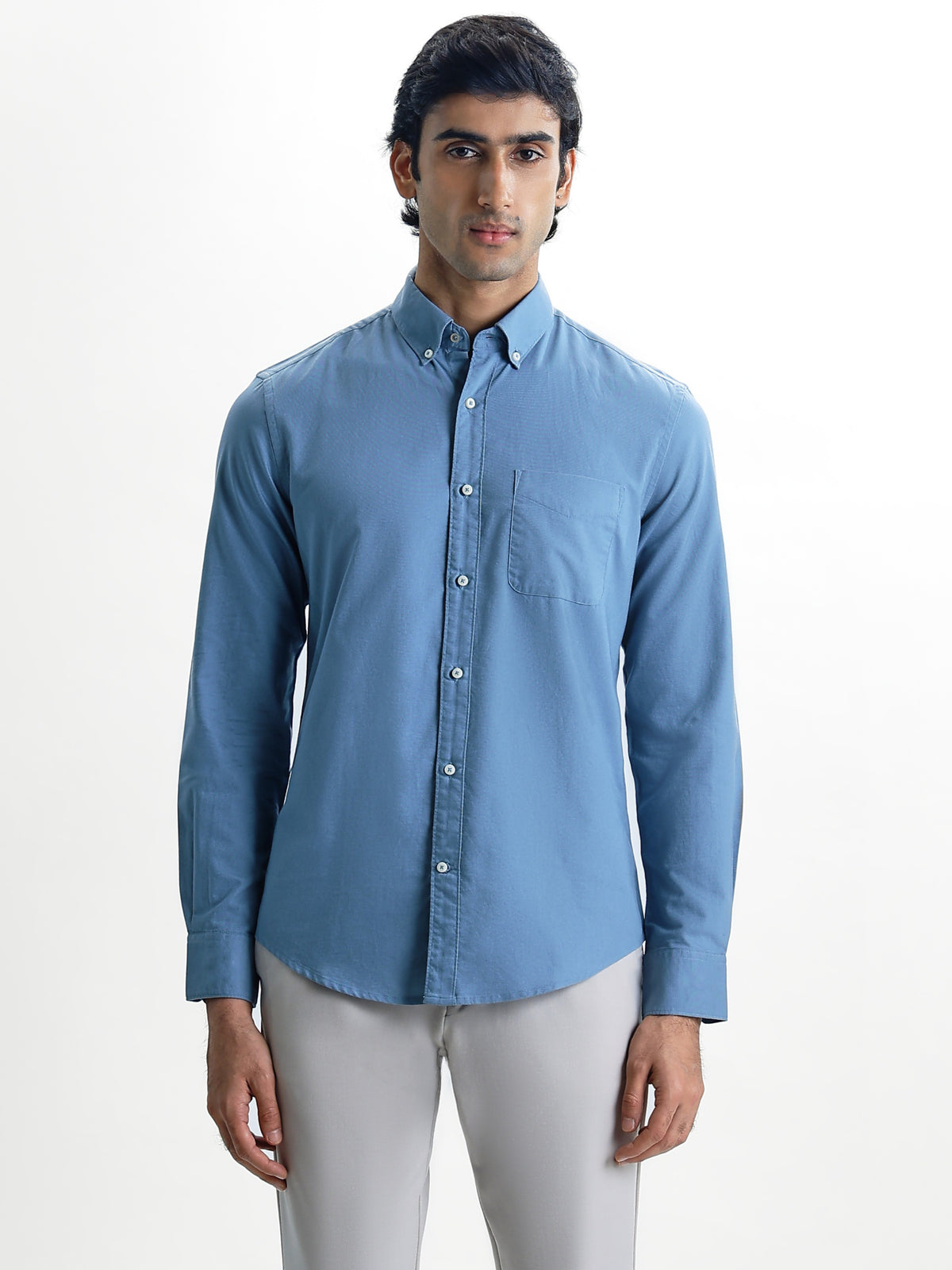 AUXOR-Steel Blue Regular Fit Oxford Cotton Shirt