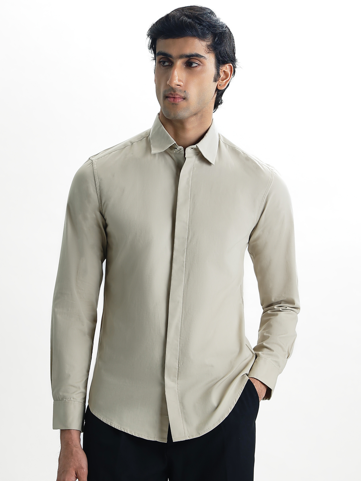 VINCENT-CLAY BEIGE REGULAR FIT PEACH FINISH COTTON SHIRT