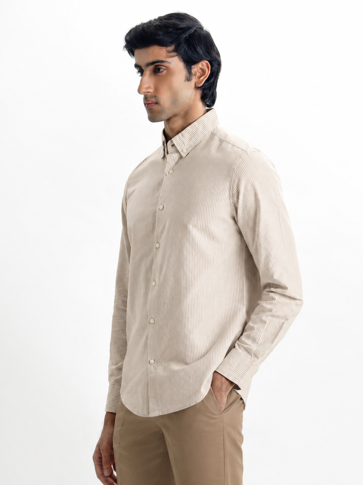 ROGUE- Beige Striped Regular Fit Cotton Shirt
