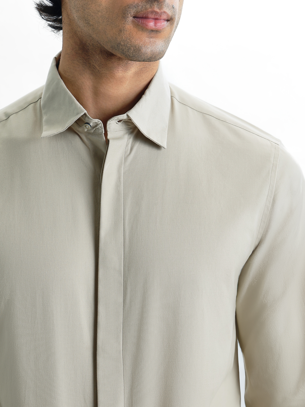 VINCENT-CLAY BEIGE REGULAR FIT PEACH FINISH COTTON SHIRT