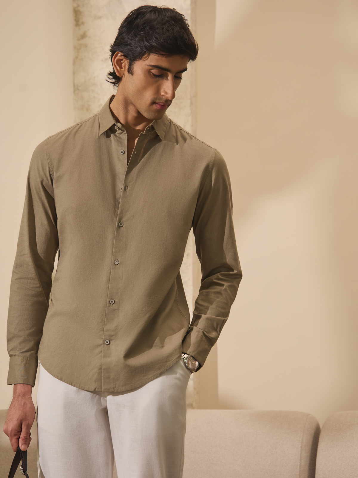 Arlo- Beige Regular Fit Solid Linen Shirt