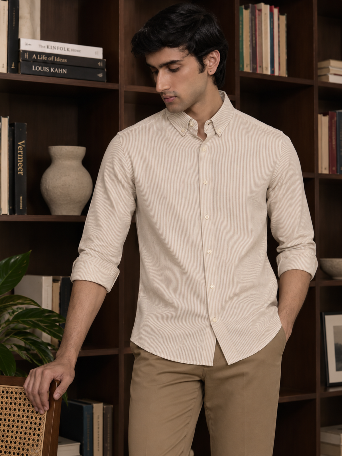 ROGUE- Beige Striped Regular Fit Cotton Shirt