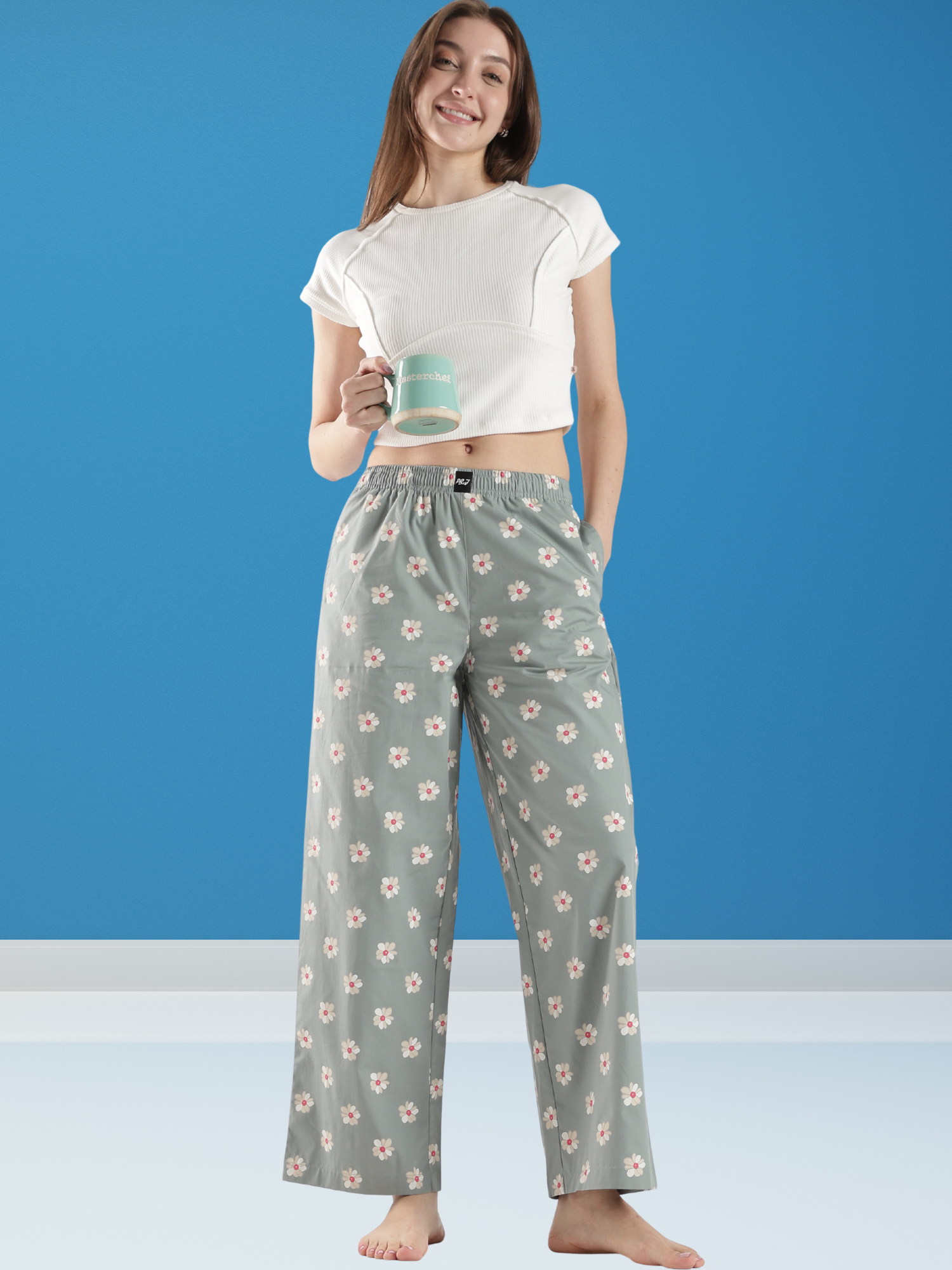 Egg Green Floral Wide Leg Pyjama Pants