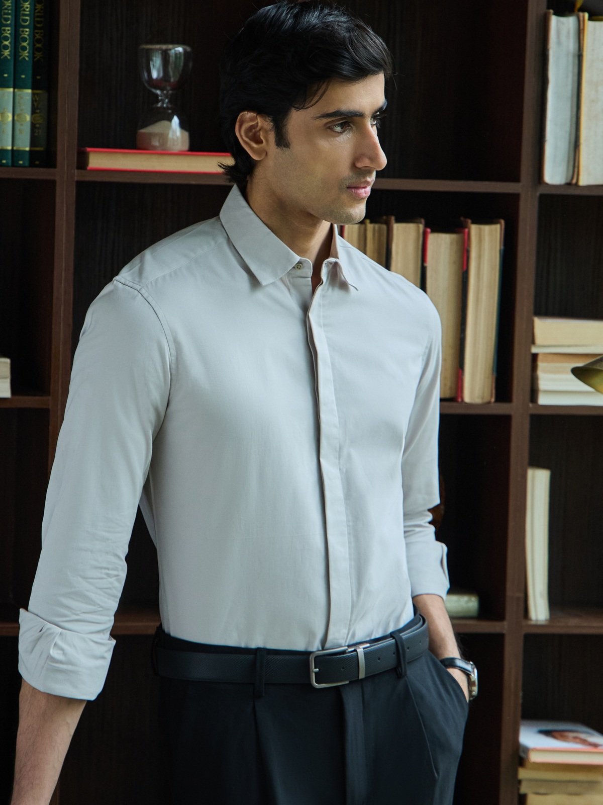 VINCENT-SMOKE GREY REGULAR FIT PEACH FINISH COTTON SHIRT