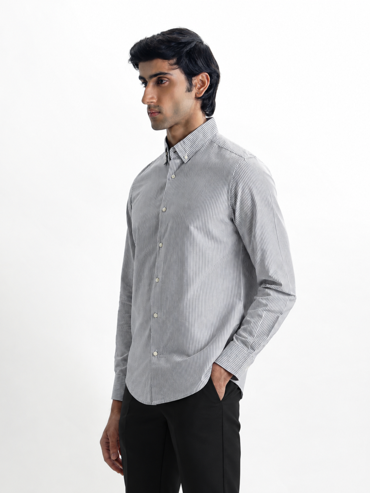 ROGUE- Black Striped Regular Fit Cotton Shirt