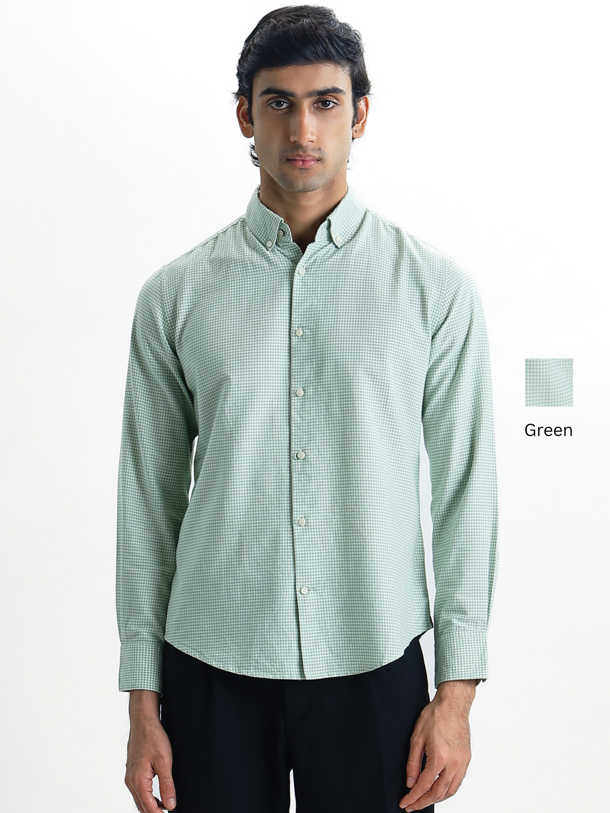 EVARIST- Green Regular Fit Gingham Checks Cotton Shirt