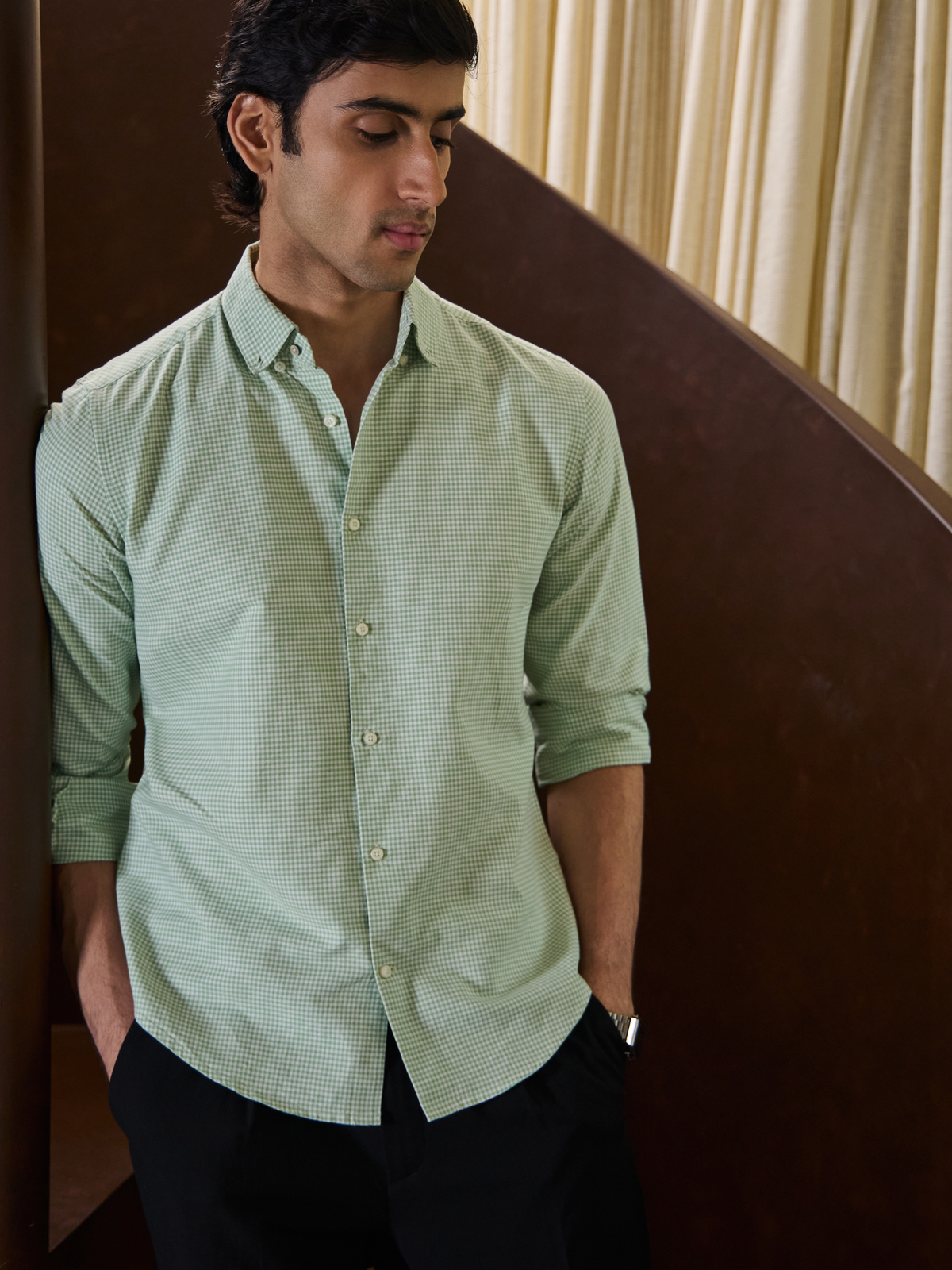 EVARIST- Green Regular Fit Gingham Checks Cotton Shirt
