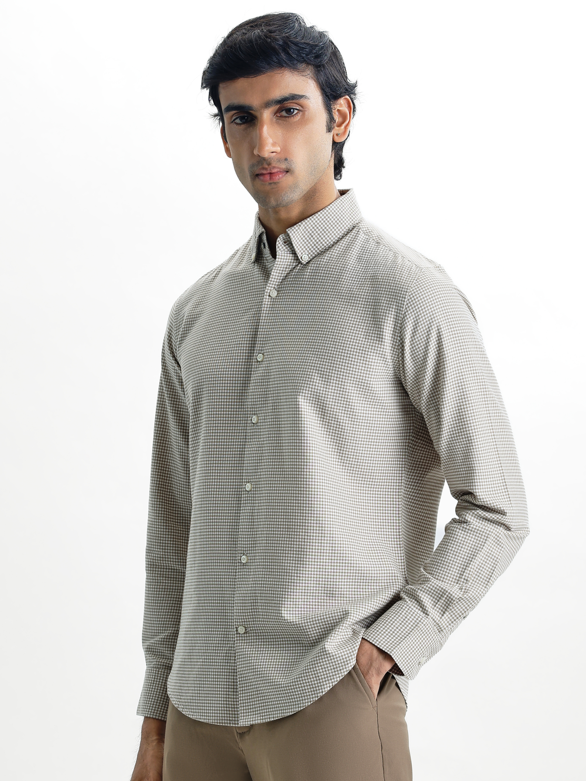 EVARIST- Beige Regular Fit Gingham Checks Cotton Shirt