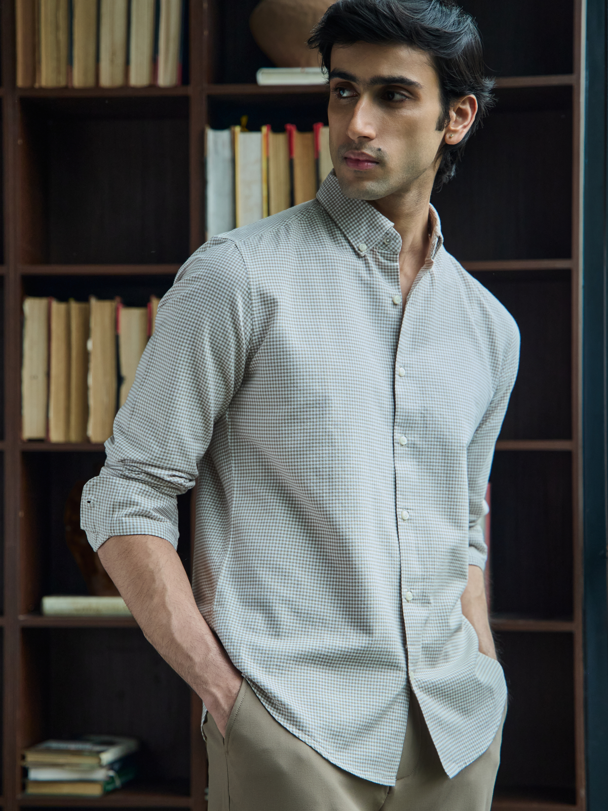 EVARIST- Beige Regular Fit Gingham Checks Cotton Shirt