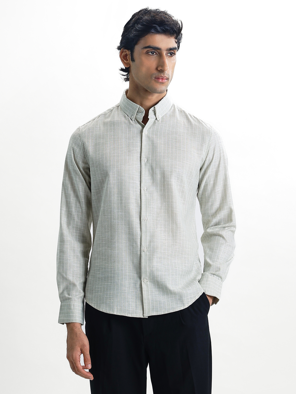 Milo-Green Regular Fit Striped Linen Shirt