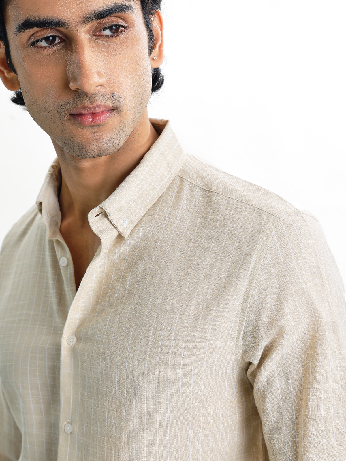 Milo-Beige Regular Fit Striped Linen Shirt
