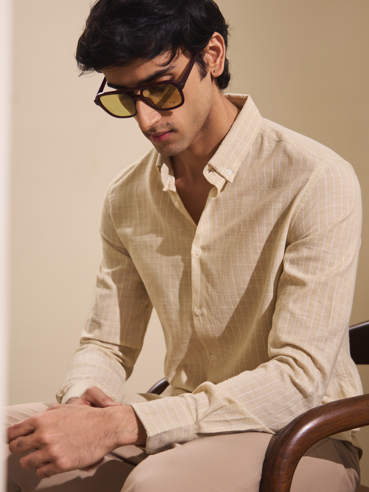 Milo-Beige Regular Fit Striped Linen Shirt