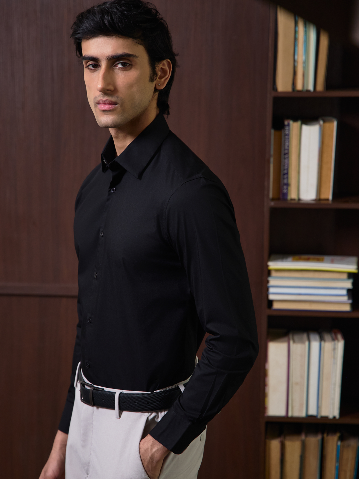 SANTINO-Black Regular Fit Poplin Lycra Shirt