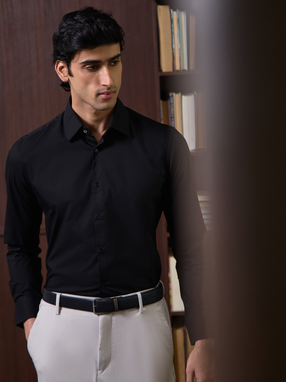 SANTINO-Black Regular Fit Poplin Lycra Shirt