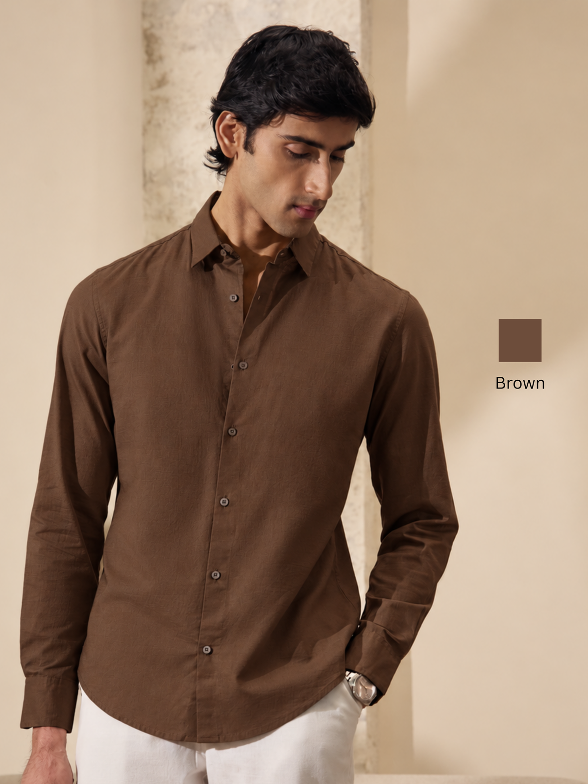 Arlo- Brown Regular Fit Solid Linen Shirt