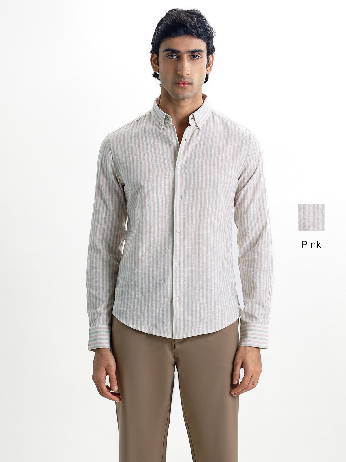 Zeno- Pink Multicolour Regular Fit Striped Linen Shirt