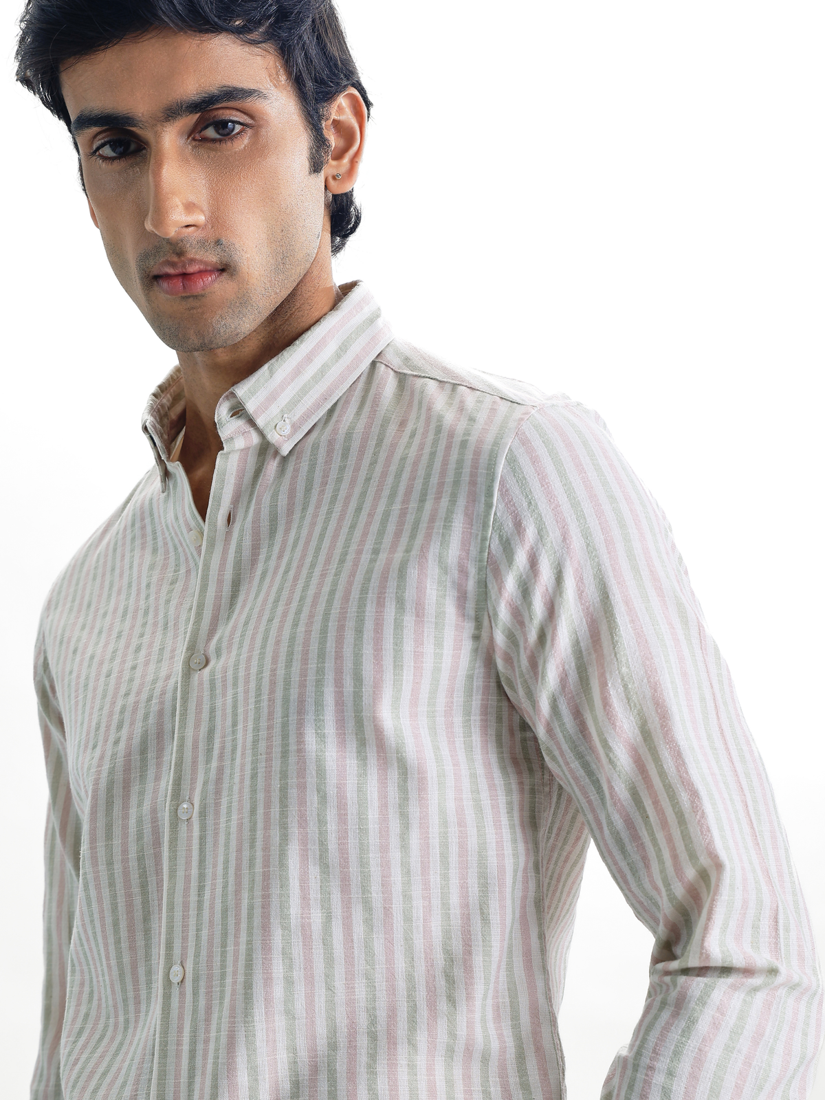 Zeno- Pink Multicolour Regular Fit Striped Linen Shirt