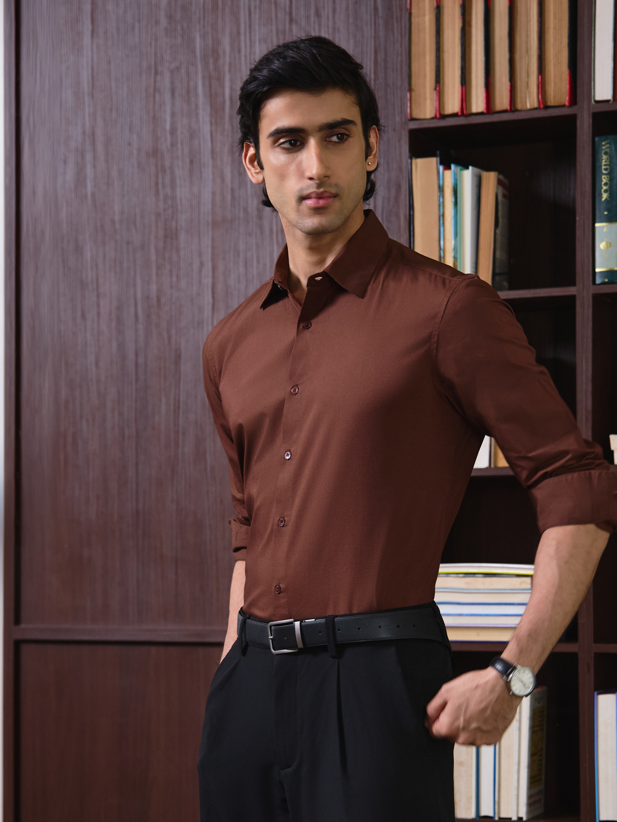 SANTINO- Brown Regular Fit Poplin Lycra Shirt