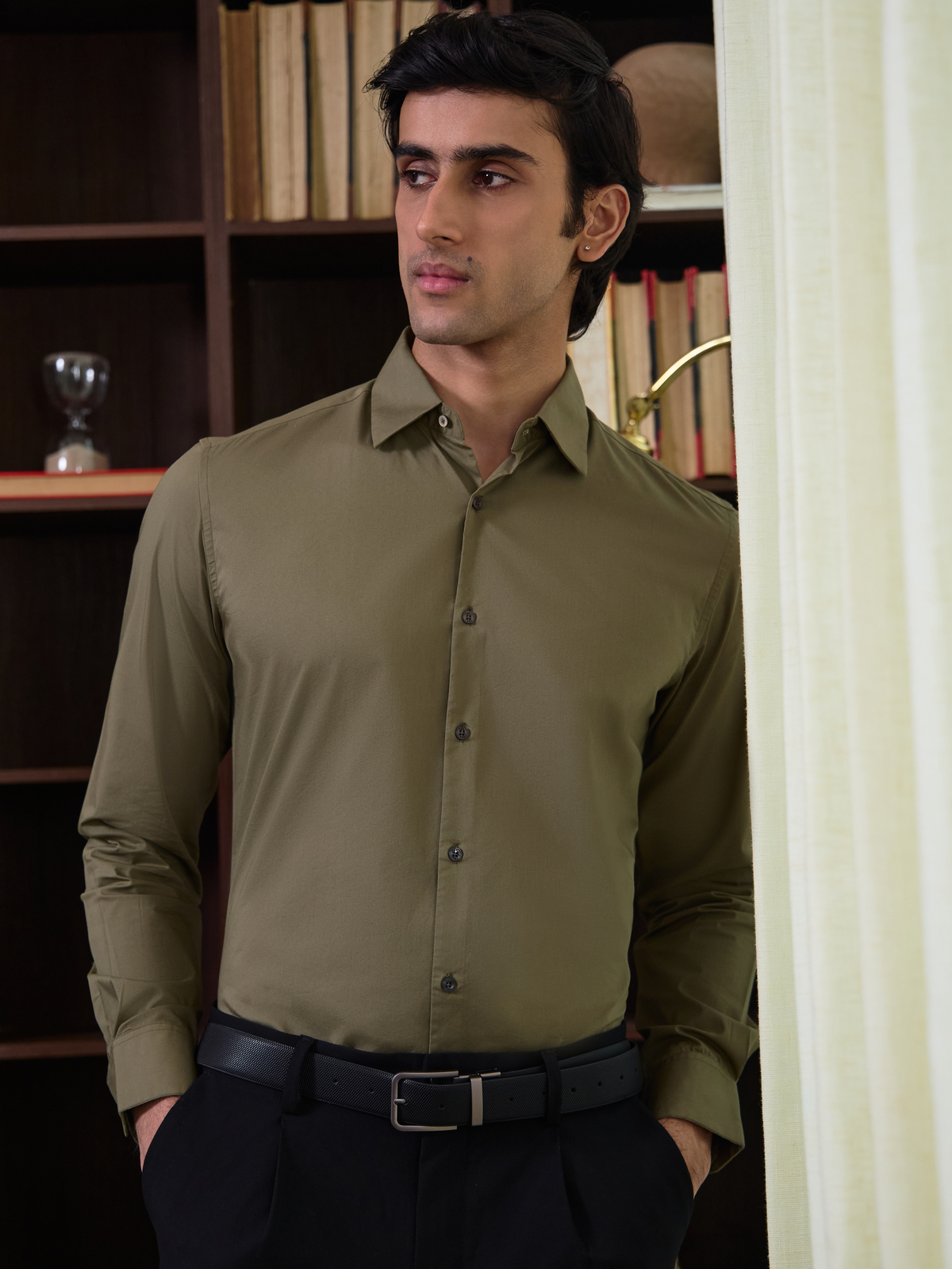 SANTINO-Green Regular Fit Poplin Lycra Shirt