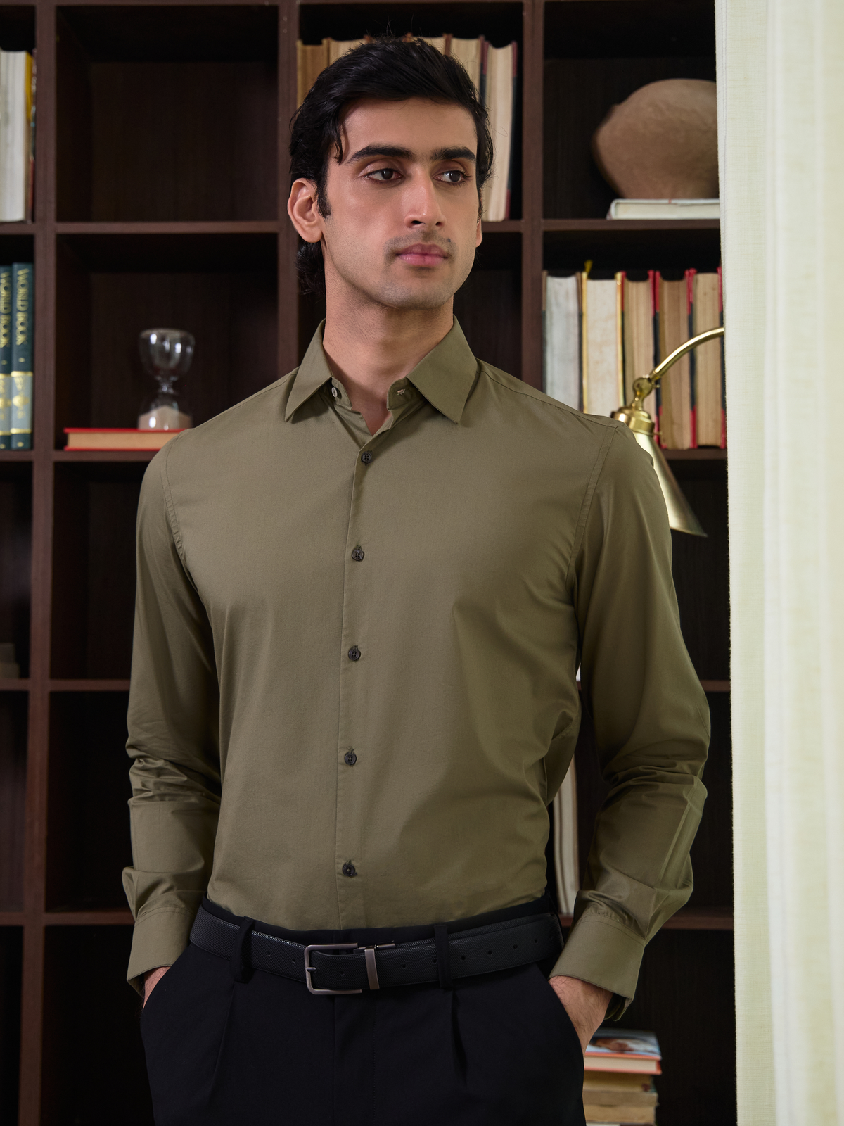 SANTINO-Green Regular Fit Poplin Lycra Shirt