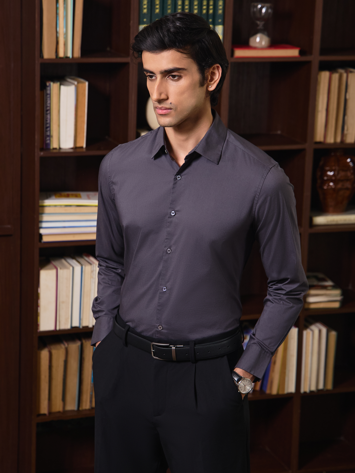 SANTINO-Grey Regular Fit Poplin Lycra Shirt