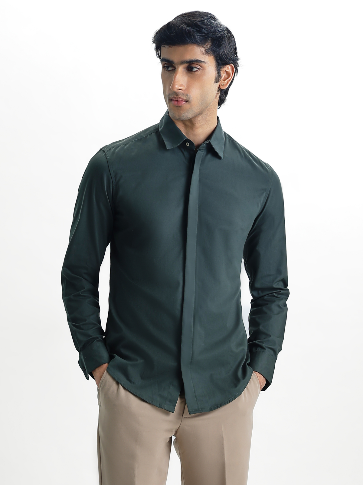 VINCENT-PINE GREEN REGULAR FIT PEACH FINISH COTTON SHIRT