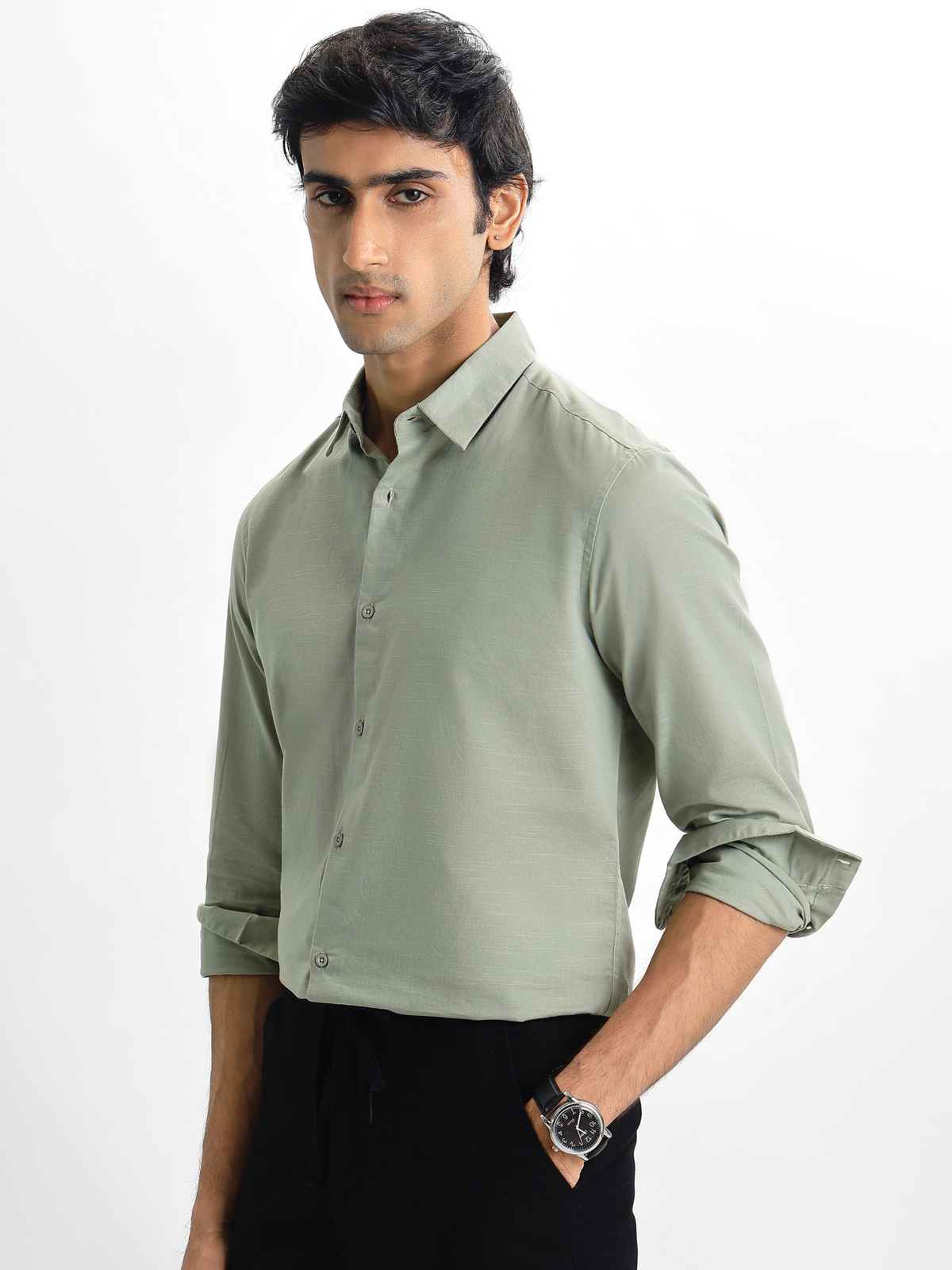 Arlo- Light Olive Green Regular Fit Solid Linen Shirt