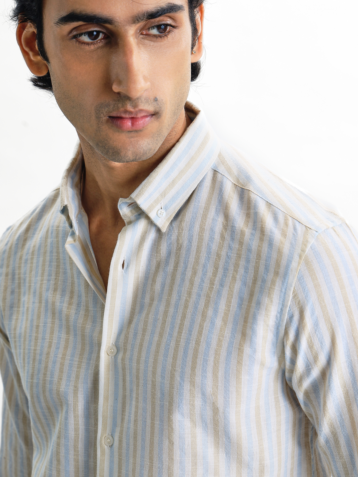 Zeno-Beige Multicolour Regular Fit Striped Linen Shirt