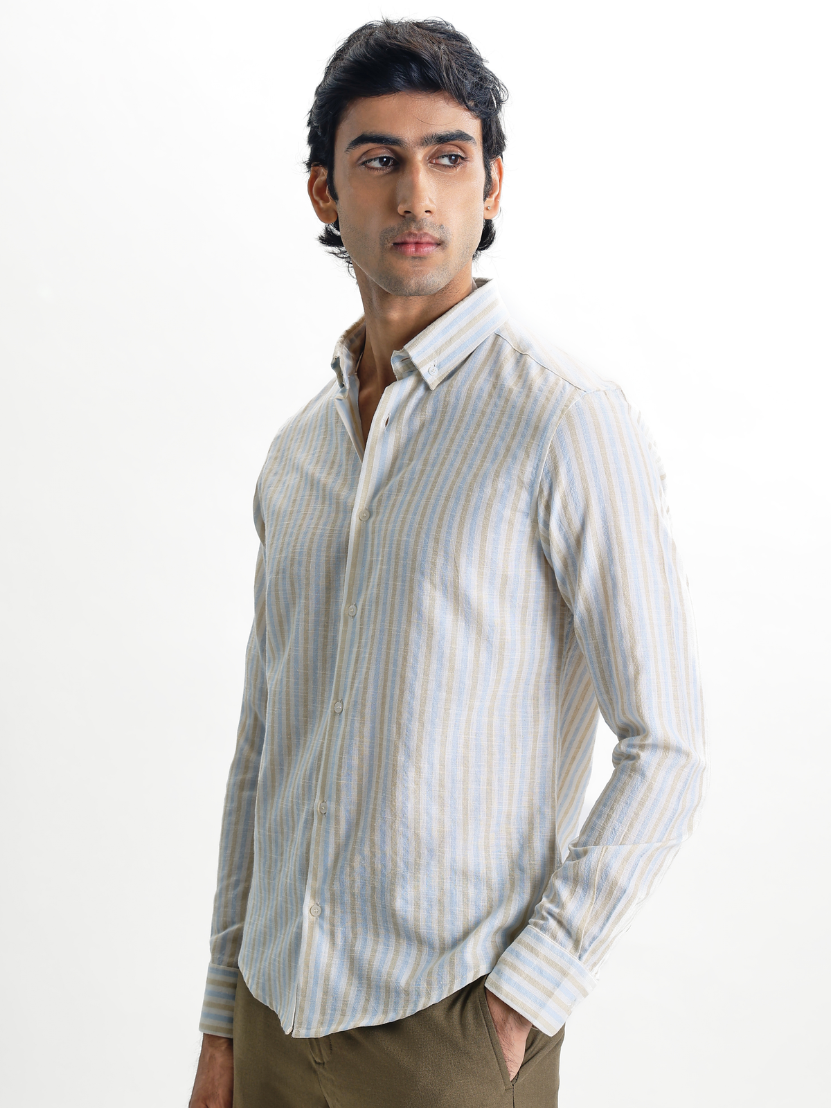 Zeno-Beige Multicolour Regular Fit Striped Linen Shirt
