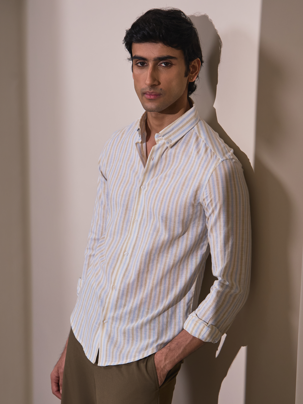 Zeno-Beige Multicolour Regular Fit Striped Linen Shirt