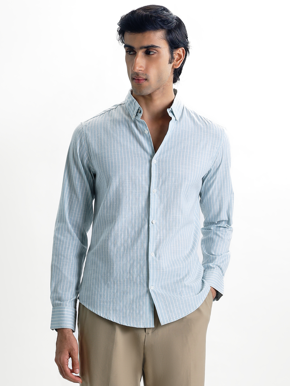 Evor- Aqua Blue Regular Fit Striped Linen Shirt