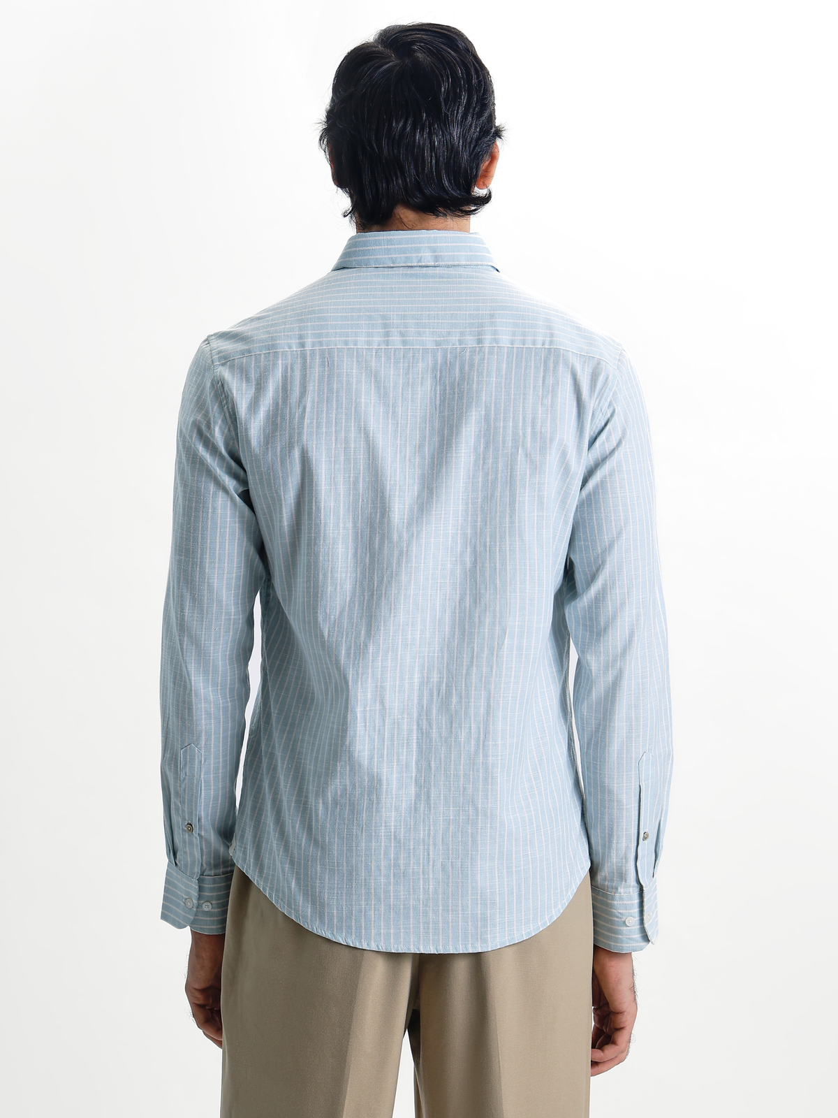 Evor- Aqua Blue Regular Fit Striped Linen Shirt
